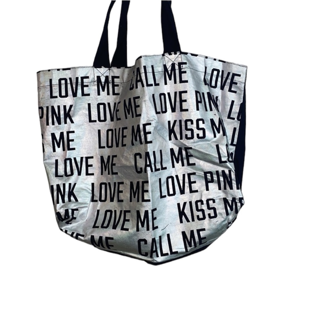 Love Pink oversized tote Silver with black writing and solid black back
